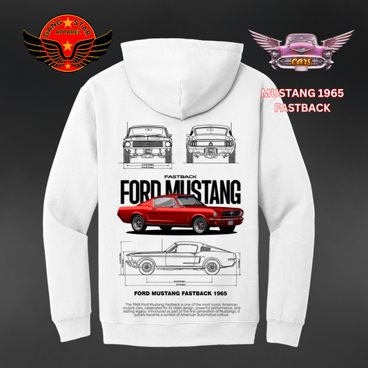 Hoody - White Printed - 1965 Ford Mustang Fastback
