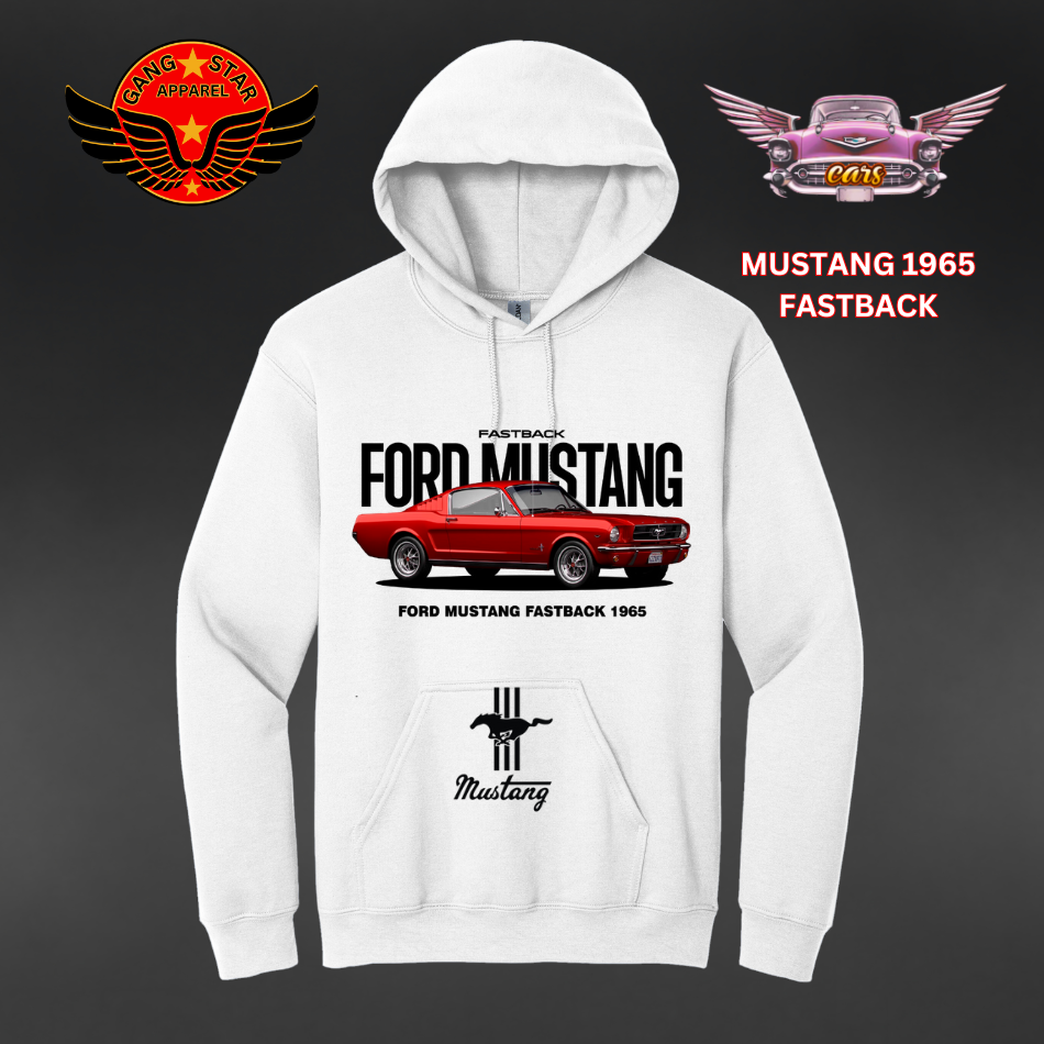 Hoody - White Printed - 1965 Ford Mustang Fastback
