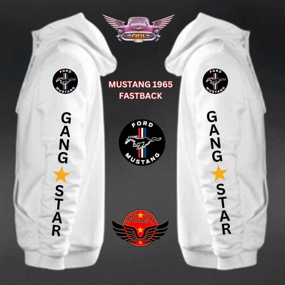 Hoody - White Printed - 1965 Ford Mustang Fastback