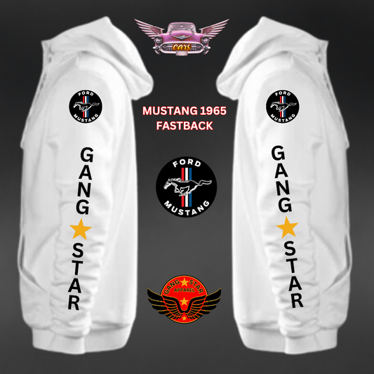 Hoody - White Printed - 1965 Ford Mustang Fastback